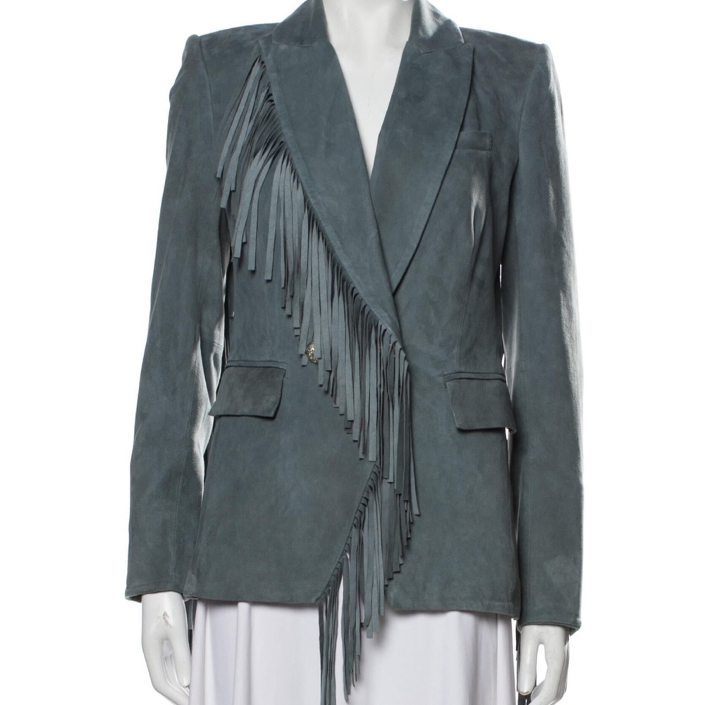 SOLD Veronica Beard XS Leather Suede Fringe Dickey Jacket Blazer Coat Green Grey - Picture 6 of 14